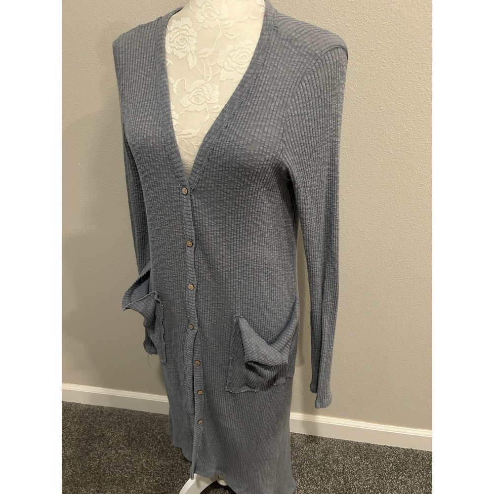 Blue Ribbed Cotton Knit Duster Cardigan S/M Button Down Hi Low Hem USA Made‎ EUC